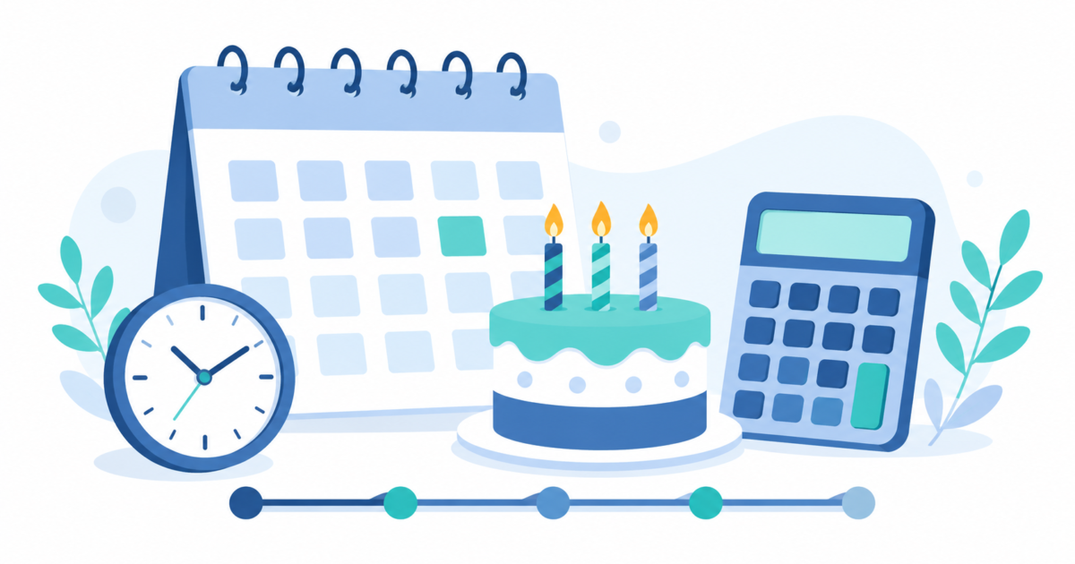 age calculator by date illustration with calendar, cake, and clock