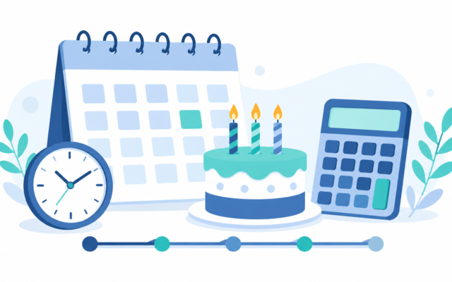 age calculator by date illustration with calendar, cake, and clock